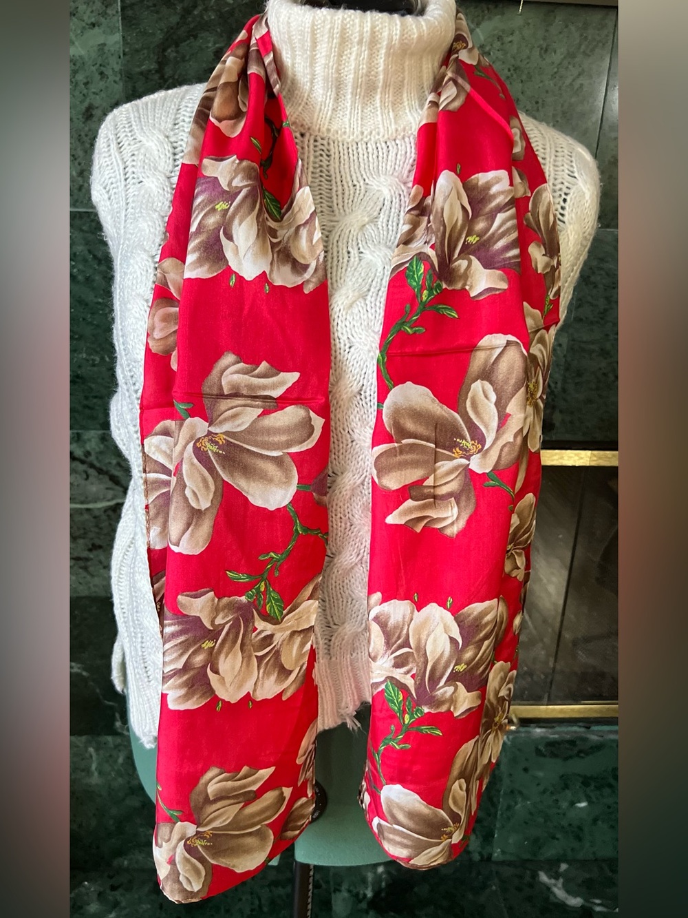 Oscar de la Renta Silk Scarf Red Floral Magnolia Print 10”x60” Vintage Old Money